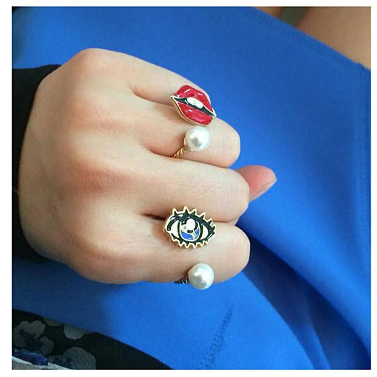 Ladies large gemstone rings-Vintage Jewelry Pearl Eyes Gem Joint Ring Ring New Lips Open Ring