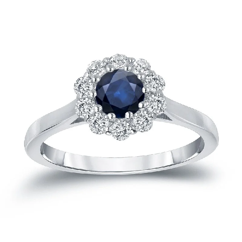 Ladies silver engagement rings-Auriya 14k Gold 1/2ct Blue Sapphire and 1/3ctw Halo Diamond Engagement Ring