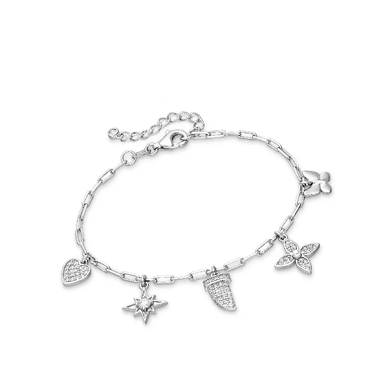 Ladies charm bracelets-Sterling Silver & Cubic Zirconia Pave Floral Star Heart Charm Bracelet