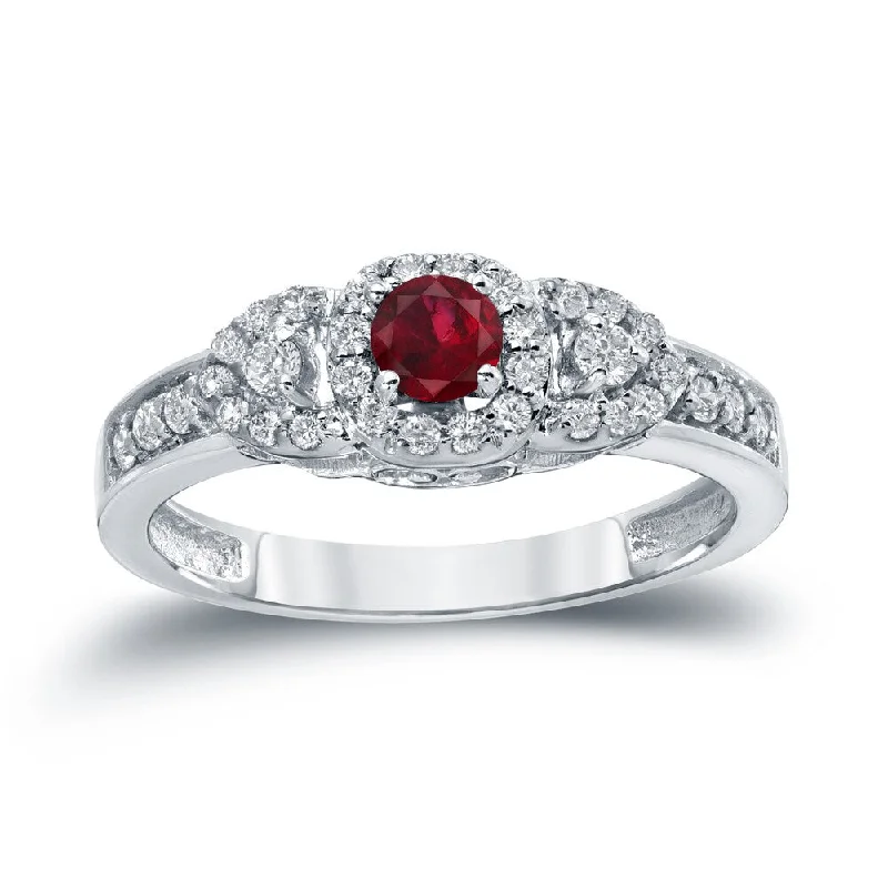 Ladies princess and round engagement rings-Auriya 1/5ct Red Ruby and 1/10ct TDW Diamond Halo Engagement Ring 14k Gold