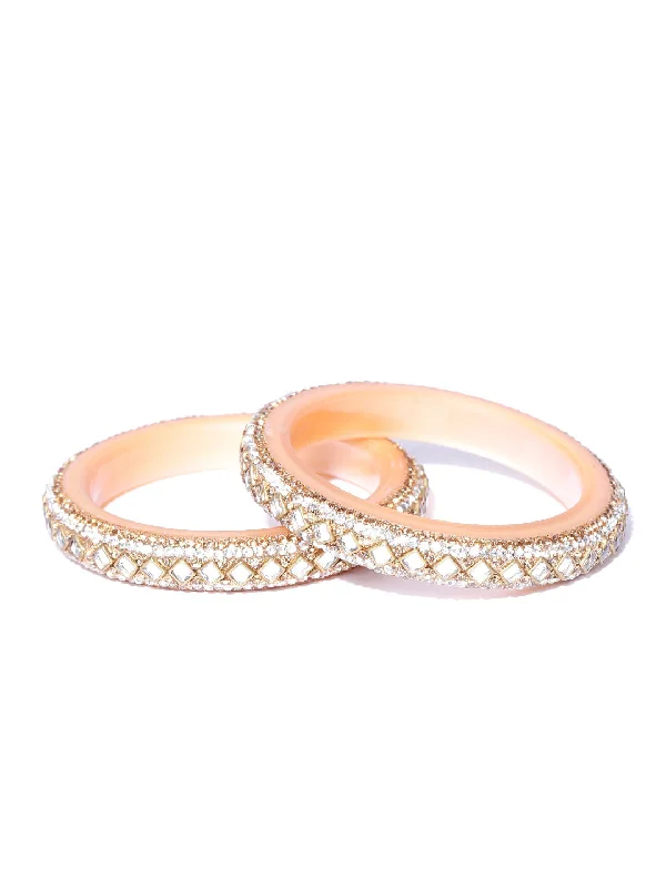 Ladies rose gold cuff bracelets-Priyaasi Women Set of 2 Gold-Plated Kundan Stone-Studded Bangles