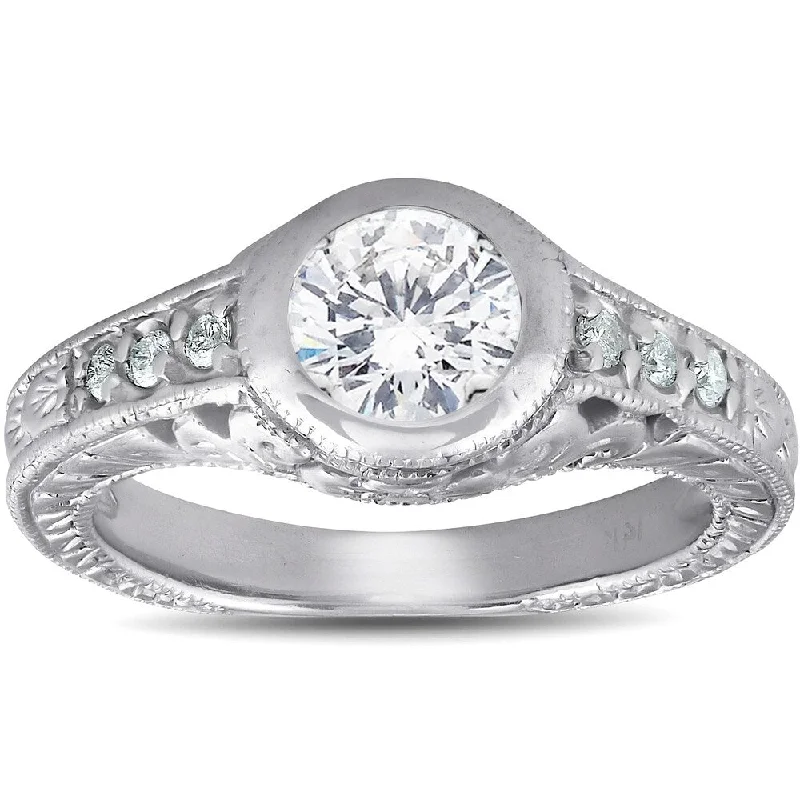 Ladies gold engagement rings-Pompeii3 14k White Gold 1 1/4 Ct TDW Diamond Vintage Engagement Ring Clarity Enhanced