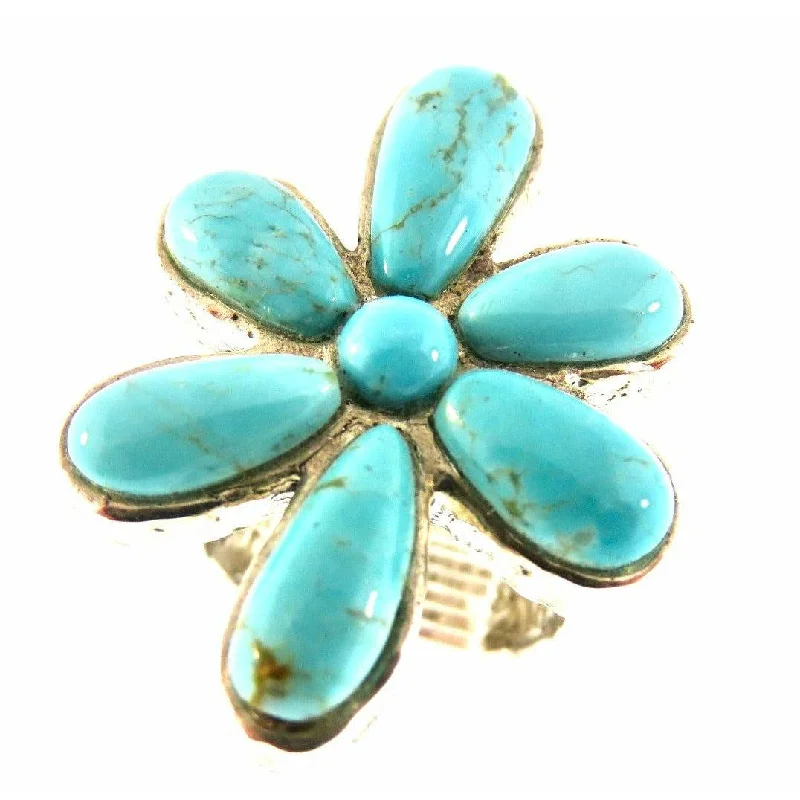 Ladies promise rings-Peyote Bird Designs Turquoise Inlay Large Flower Ring