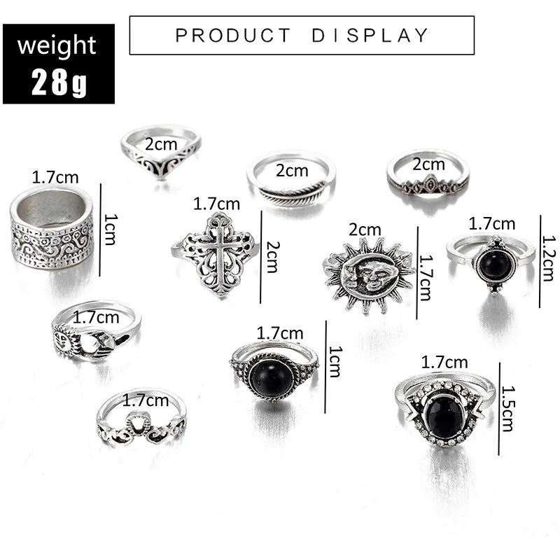 Ladies two-stone rings-Fashion Vintage Carved Sun Feather Cross Black Gem Ring 11 Piece Set Set