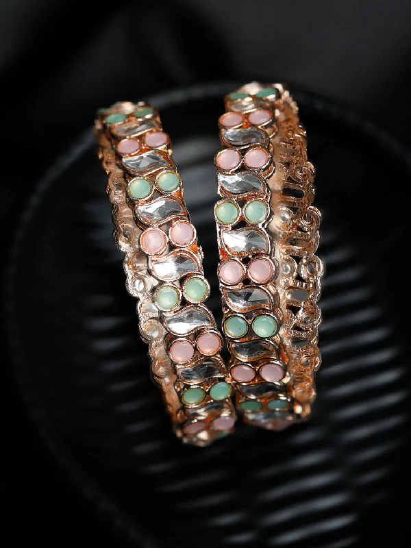 Ladies chunky bracelets-Priyaasi Women Rose Gold Multi Coloured Stones Set of 2 Bangles