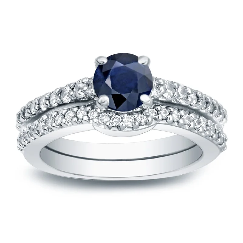 Ladies engagement rings with sapphire accents-Auriya Round 1/2ct Blue Sapphire and 1/2ct TW Diamond Engagement Ring 14K Gold