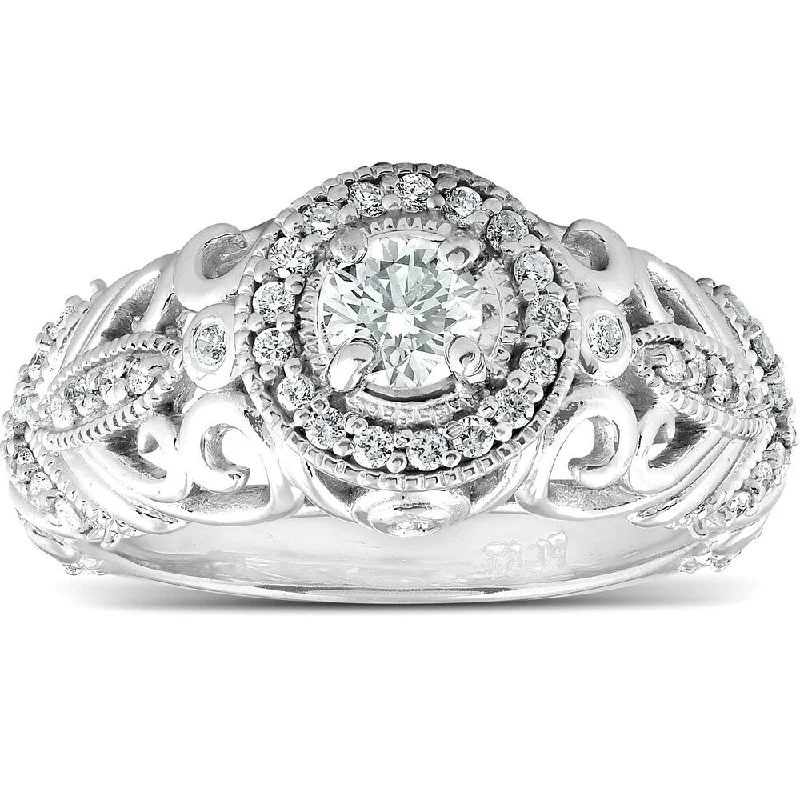 Ladies princess-cut diamond engagement rings-Pompeii3 Platinum 5/8 Ct TDW Vintage Diamond Engagement Antique Halo Ring