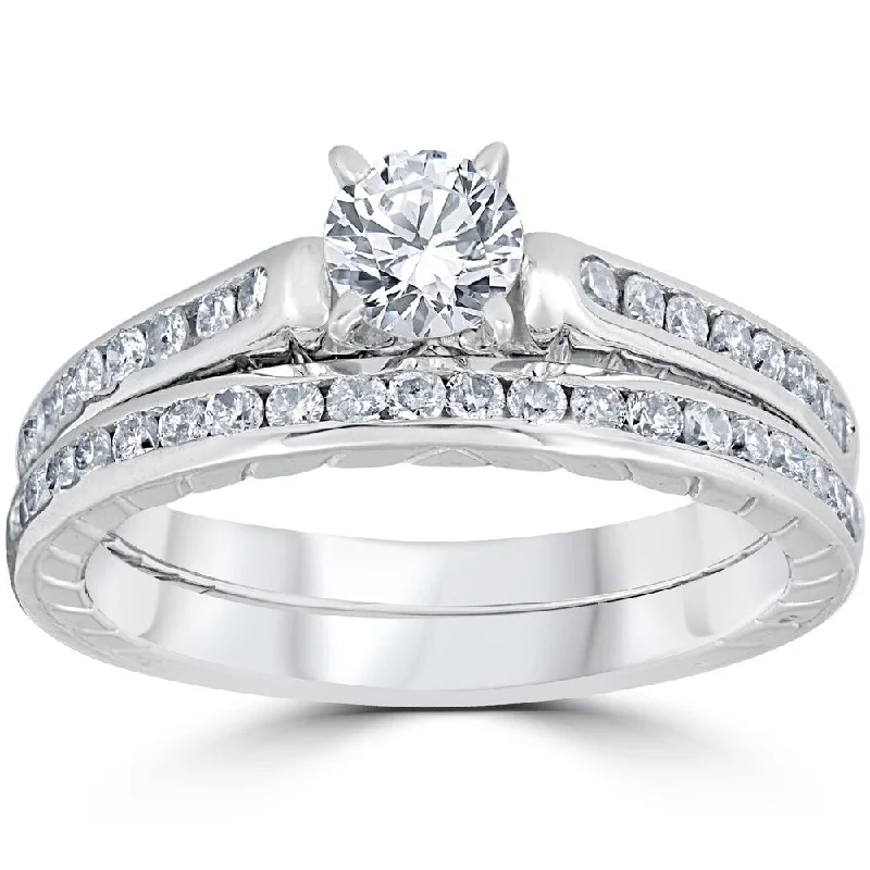 Ladies antique engagement rings-14K White Gold 1 ct TDW Vintage Diamond Engagement Wedding Ring Set