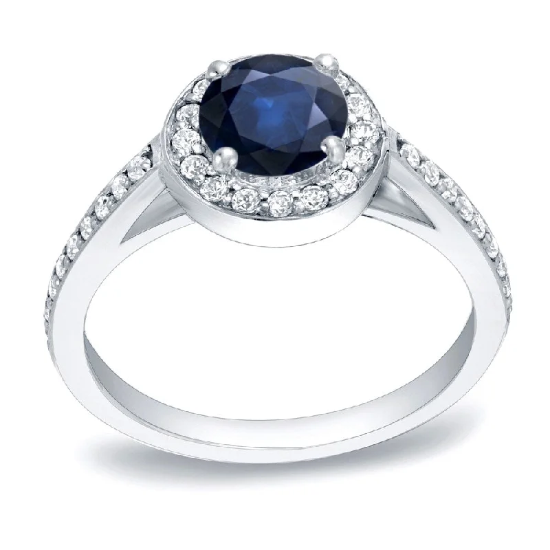 Ladies engagement rings with blue diamonds-Auriya Modern 3/4ct Sapphire and 1/3ct TDW Halo Diamond Engagement Ring 14k Gold