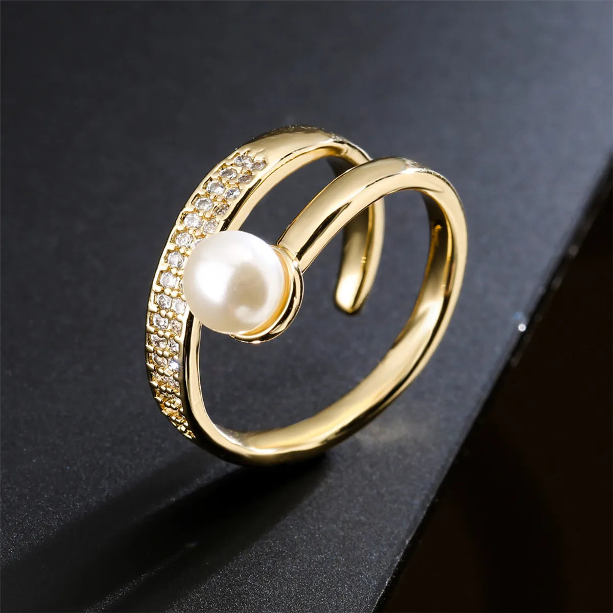 Ladies birthstone rings-Fashion Copper Micro-set Zircon Plated 18k Gold Pearl Geometric Open Ring