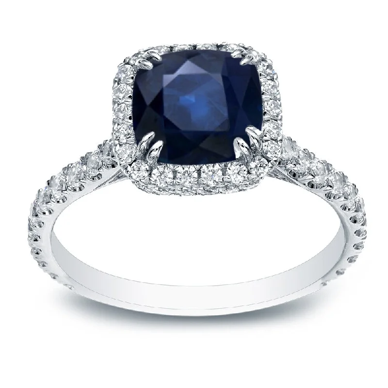 Ladies engagement rings with intricate designs-Auriya Cushion-Cut 1 1/5ct Blue Sapphire and 4/5ct TDW Diamond Halo Engagement Ring 18k White Gold