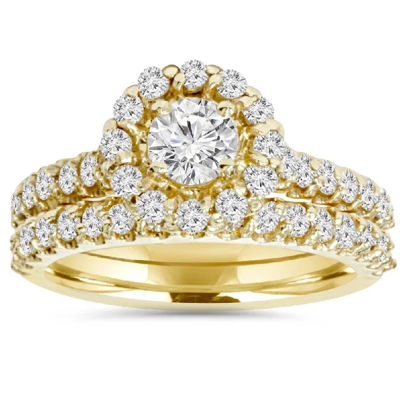 Ladies engagement rings with rose cut diamonds-SI 1 7/8ct Halo Diamond Engagement Ring Wedding Band Set 14K Yellow Gold SZ 8