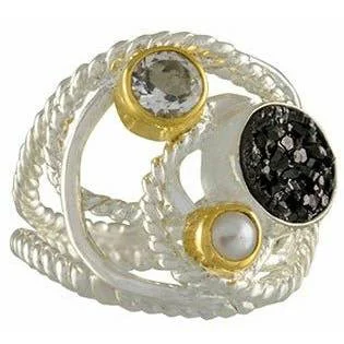 Ladies round gemstone rings-Michou Black Druzy Sterling Silver & Gold Vermeil Ring - Orbits Collection