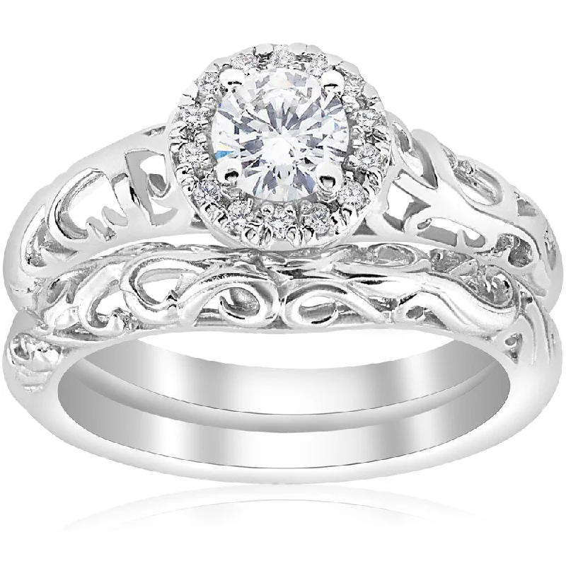 Ladies sapphire and diamond engagement rings-14k White Gold 5/8ct TDW Diamond Halo Engagement Ring Matching Wedding Band Vintage Filigree Set (I-J,I2-I3)