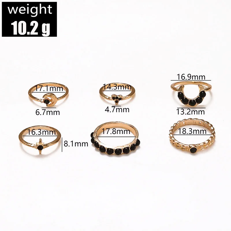 Ladies gold engagement rings-Cross-border New Ring Set Fashion Black Gemstone Star Moon 6-piece Set Joint Ring Finger Ring