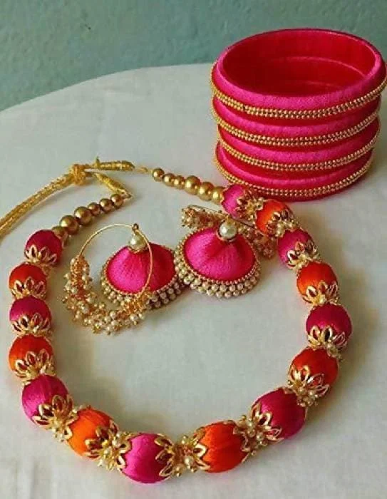 Ladies gold bracelets-Pink with Orange Silk Threaded Necklace, Earrings And Bangles