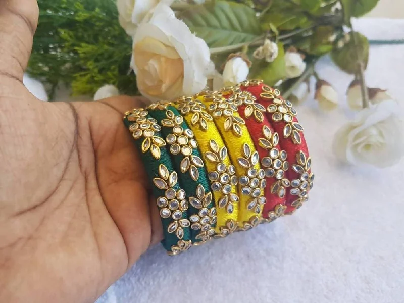 Ladies adjustable bracelets-Green, Yellow and Red Silk Threaded Stone Bangles Sets