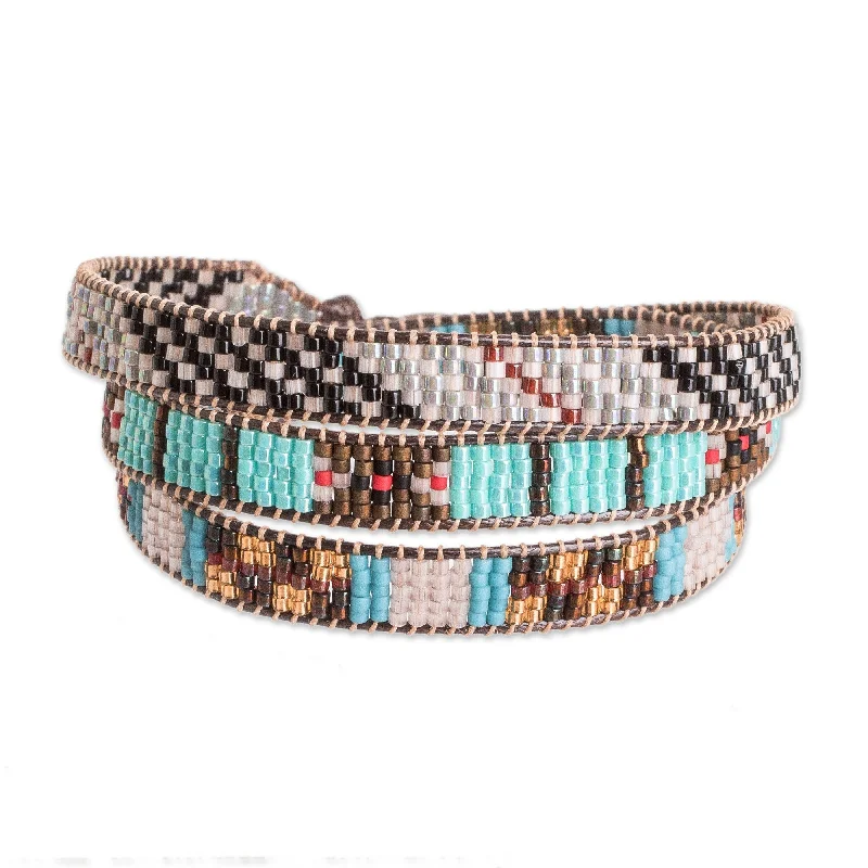 Ladies gold charm bracelets-Novica Handmade Geometric Revolution Glass Beaded Wrap Bracelet