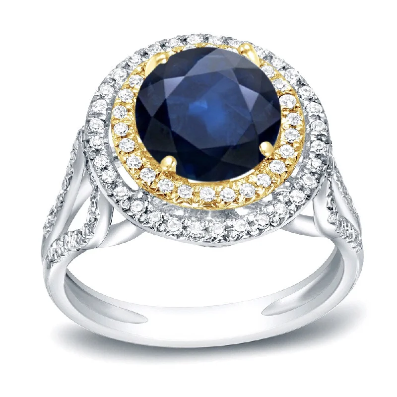 Ladies antique-inspired engagement rings-Auriya 14k Two-tone Gold 1 1/4ct Unique Blue Sapphire Halo Diamond Engagement Ring 1/2ctw