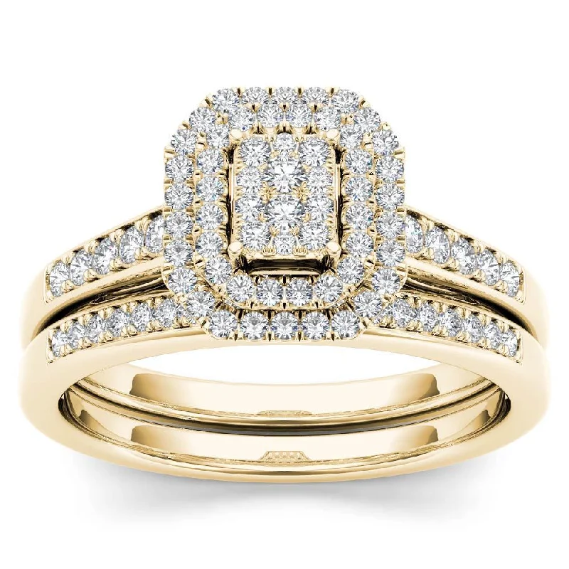 Ladies three-stone engagement rings-De Couer IGI Certified 14k Yellow Gold 1/3ct TDW Diamond Cluster Halo Engagement Ring Set