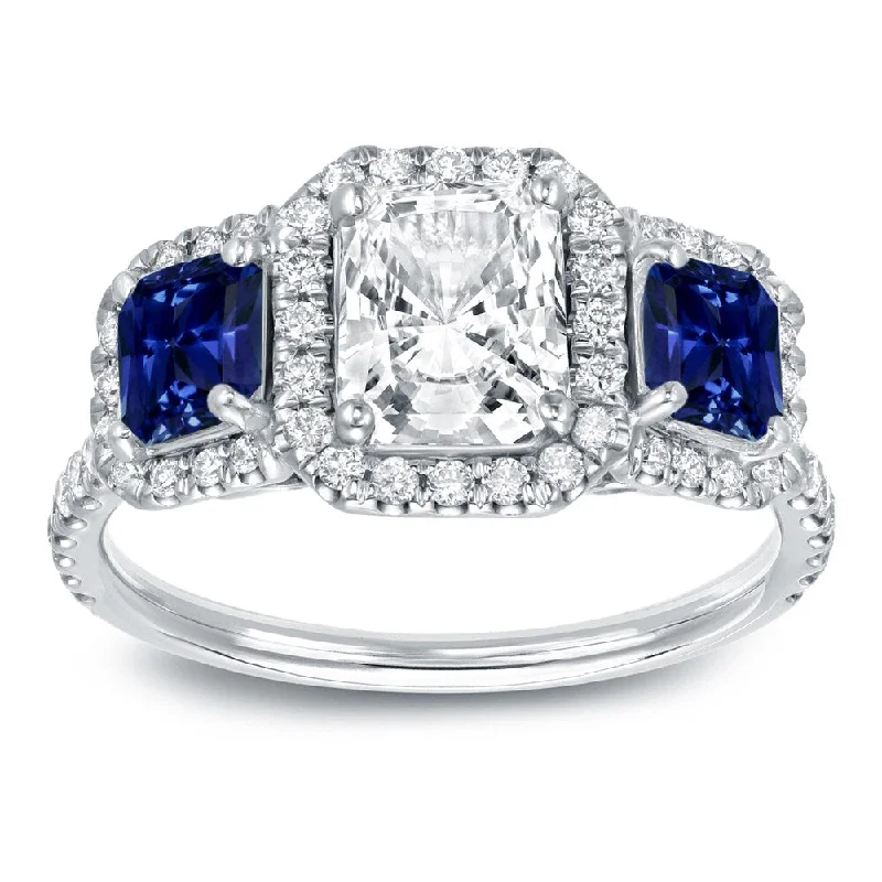 Ladies yellow gold engagement rings-Auriya Unique 3/4ct Blue Sapphire and 1 1/2ctw Radiant Halo Diamond Engagement Ring 14k Gold (J-K, SI1-SI2)