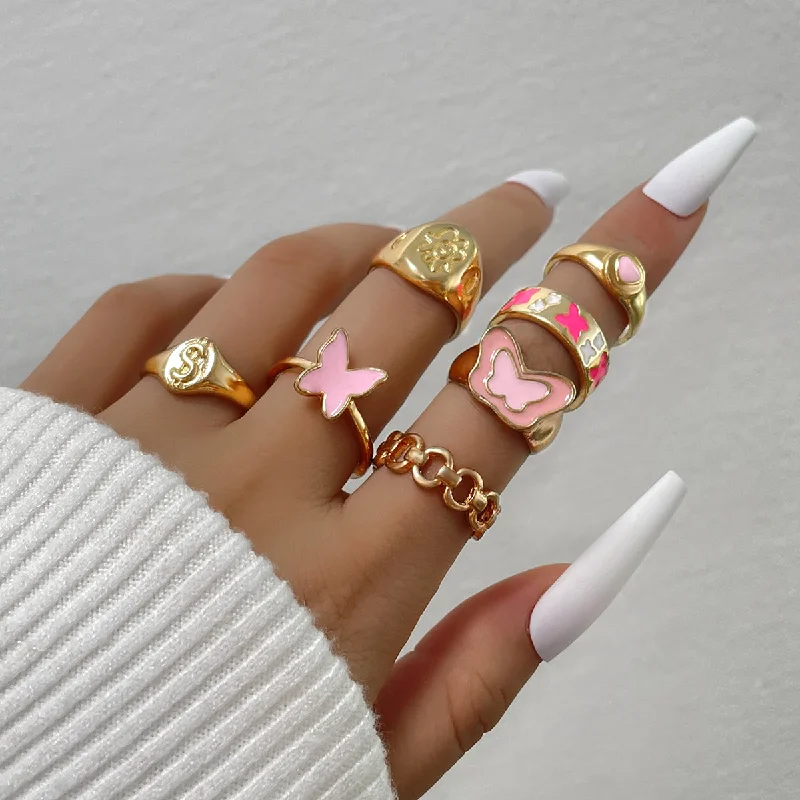 Ladies band rings-Fashion Letter Flower Butterfly Alloy Enamel Rings