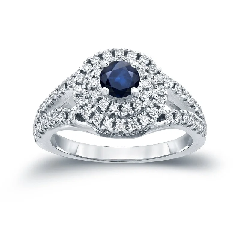 Ladies sapphire and diamond engagement rings-Auriya 2/5ct Round Blue Sapphire and 3/5ct TDW Diamond Halo Engagement Ring 14k Gold (H-I, I1-I2)