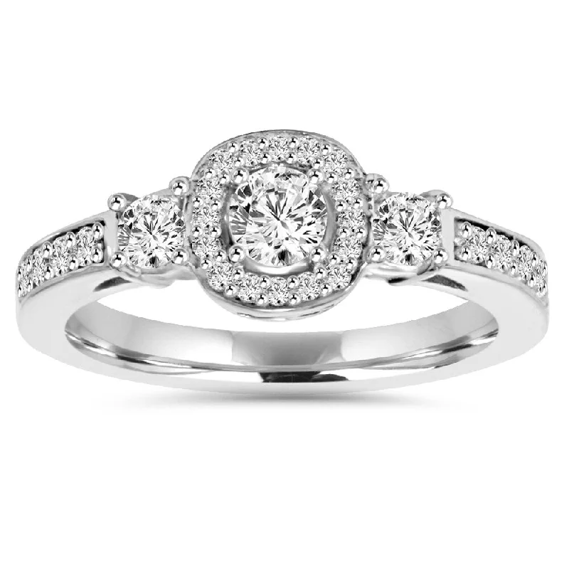 Ladies engagement rings with rose gold accents-14k White Gold 1 1/4 ct TDW Diamond Halo 3-stone Engagement Ring