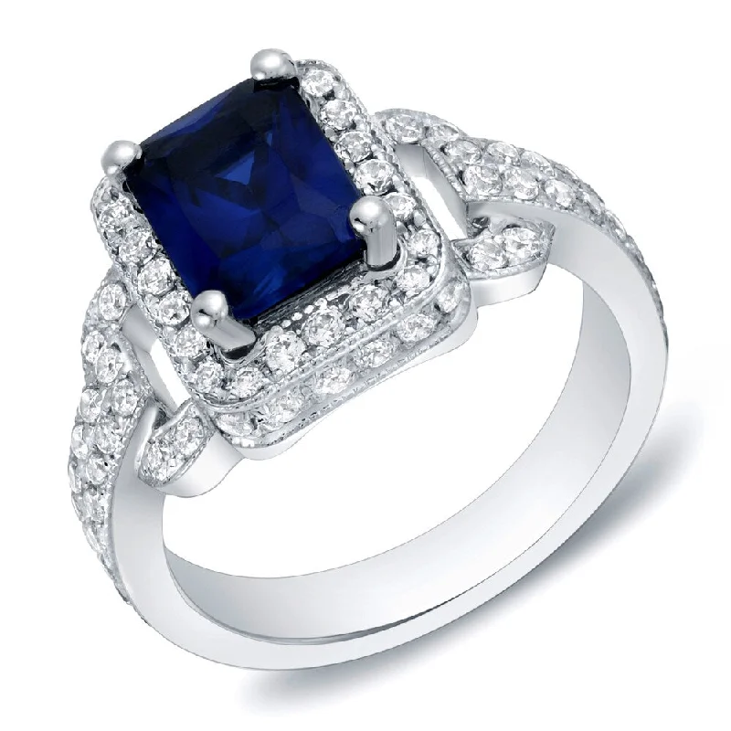 Ladies art deco engagement rings-Auriya 1ct Radiant Blue Sapphire and 1ctw Halo Diamond Engagement Ring 14k Gold