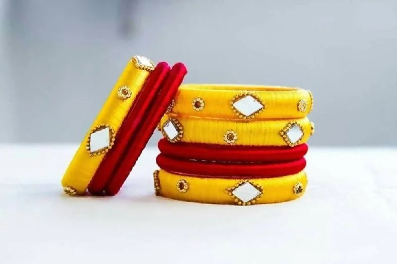 Ladies friendship bracelets-Yellow and Red Silk Threaded Bangles Set of 2