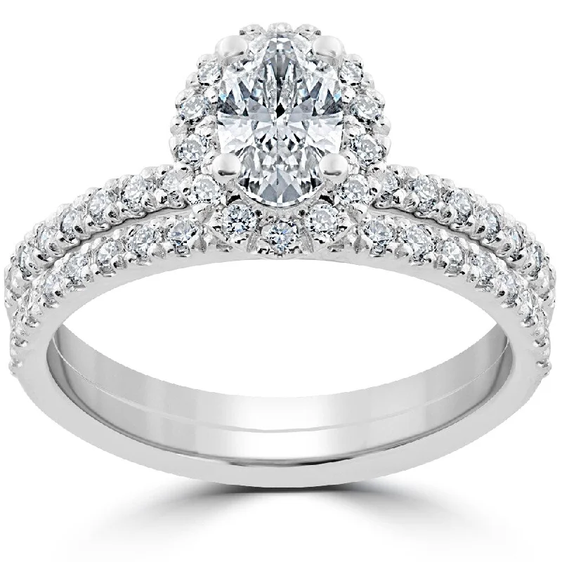 Ladies engagement rings with twisted bands-1 1/4 ct Oval Halo Diamond Engagement Wedding Ring Set 14k White Gold