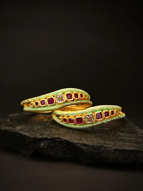 Ladies twisted bangles-Priyaasi Women Set Of 2 Matte Gold AD And Maroon Stone Studded Mint Green Curved Shape Bangles