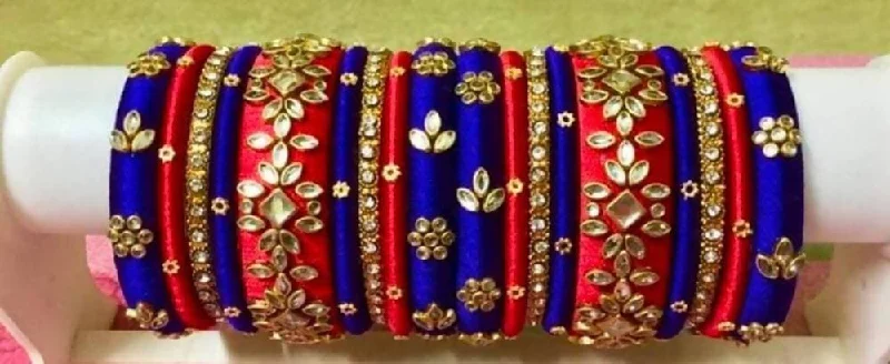 Ladies custom bracelets-Blue & Red Silk Threaded Designer Bangles with Stones