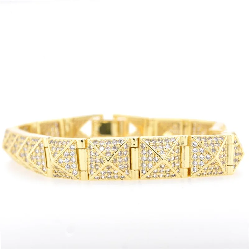 Ladies slim bangles-Gold Plated Stainless Steel Pave Cubic Zirconia Pyramid Bracelet