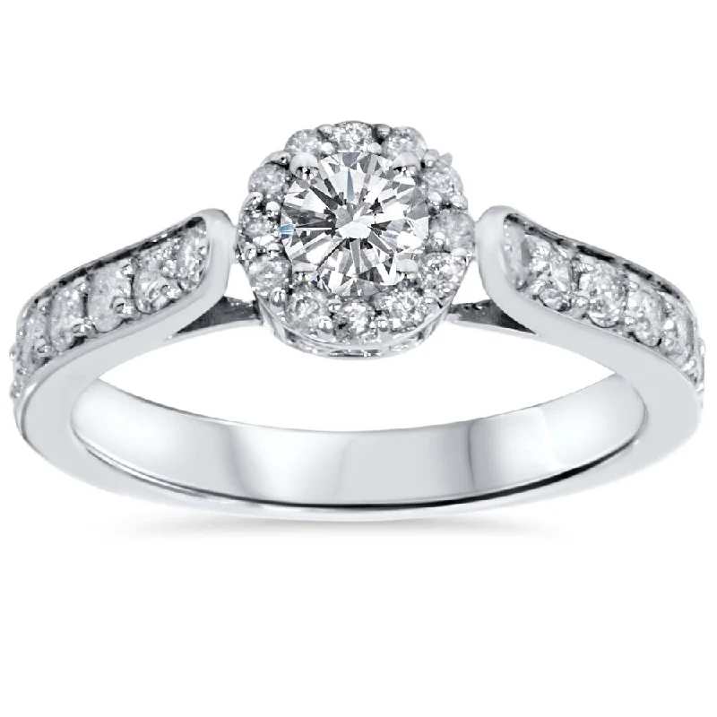 Ladies three-prong engagement rings-14k White Gold 7/8ct TDW Halo Diamond Engagement Ring