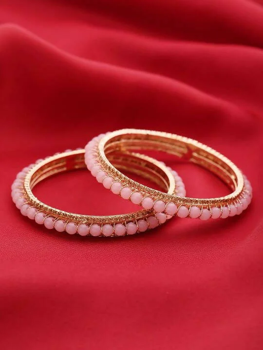 Ladies friendship bangles-Priyaasi Women Set Of 2 Gold-Plated Stones Studded and Pink Beaded Bangles