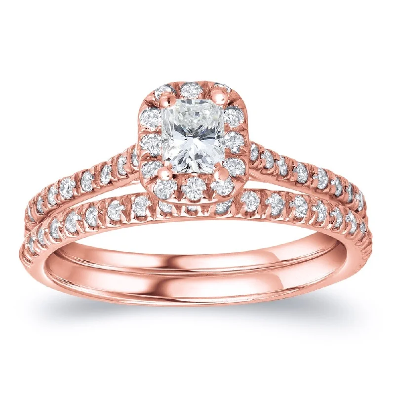 Ladies princess and round engagement rings-Auriya 14k Rose Gold 1ctw Radiant-cut Halo Diamond Engagement Ring Set