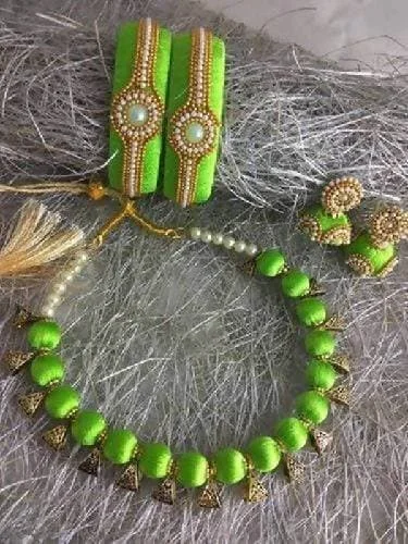 Ladies tennis bracelets-Parrot Green Silk Threaded Necklace Set, Earrings and Bangles Set of 2