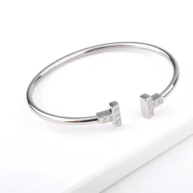 Ladies customized charm bracelets-Simple Style T Shape Titanium Steel Inlay Rhinestones Cuff Bracelets