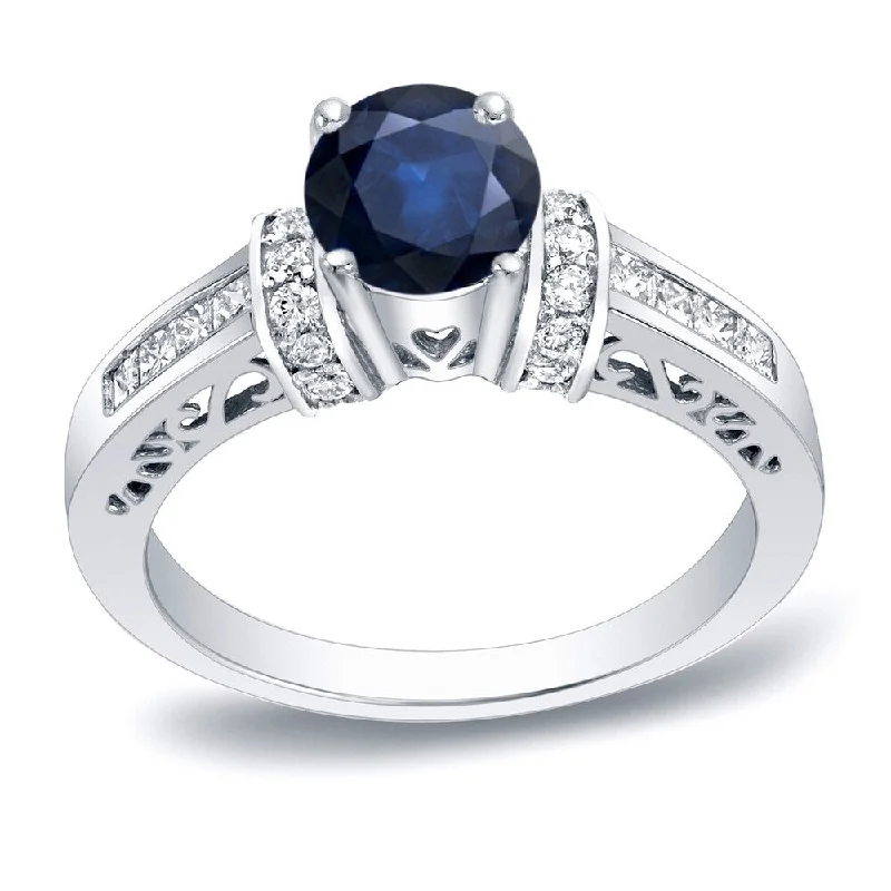 Ladies engagement rings with floral designs-Platinum Round 1/2ct Blue Sapphire and 3/4ct TDW Diamond Engagement Ring by Auriya (H-I, SI1-SI2)