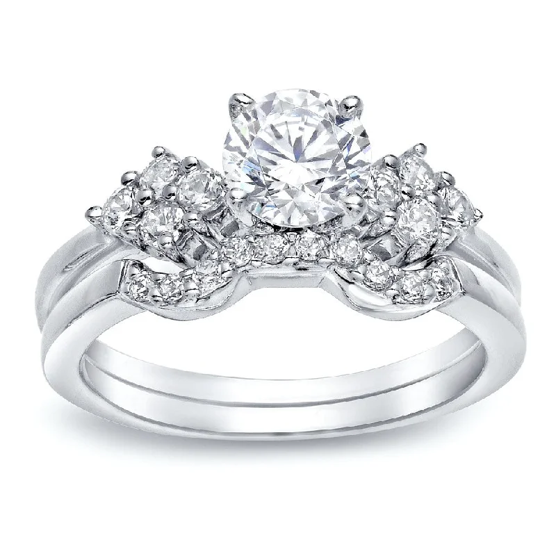 Ladies engagement rings with channel set diamonds-Auriya Platinum 1 carat TW Round Diamond Engagement Ring Set