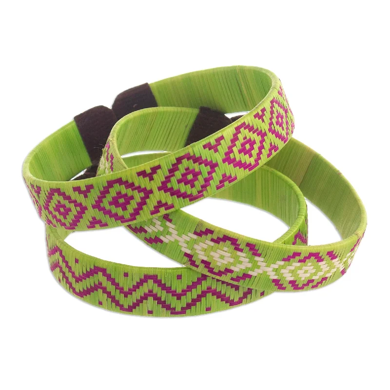 Ladies gold bracelets-Novica Handmade Green Colombian Geometry Natural Fiber Cuff Bracelets (Set Of 3)