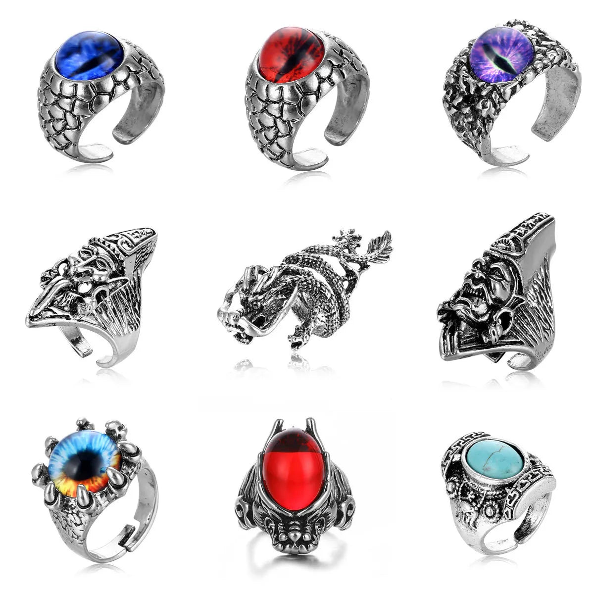 Ladies birthstone rings for women-1 Piece Hip-hop Eye Dragon Alloy Plating Inlay Artificial Gemstones Turquoise Unisex Open Ring