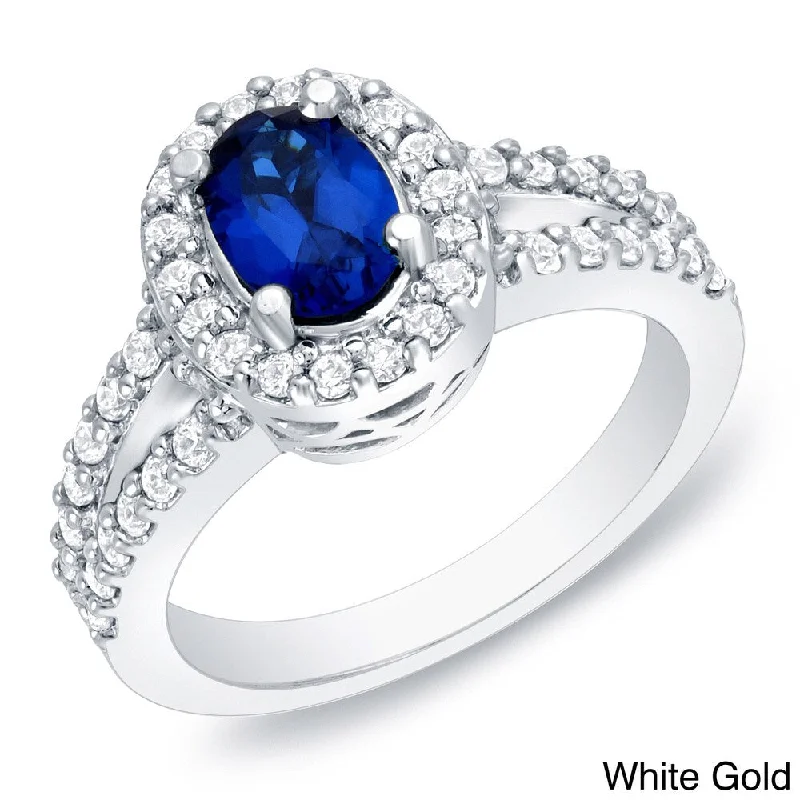 Ladies engagement rings with milgrain details-Auriya 1ct TDW Sapphire Oval and 3/5ct TDW Diamond Halo Engagement Ring 14k Gold