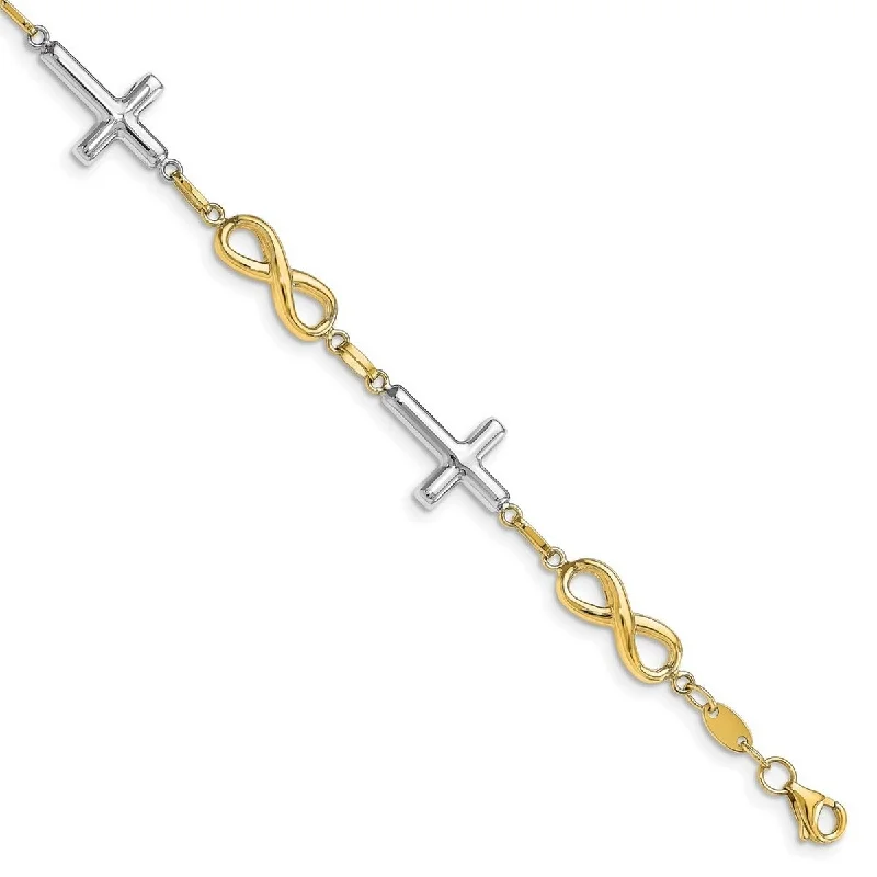 Ladies personalized gold bangles-Curata 10k Two tone Gold Sideways Cross and Infinity Link Bracelet 7.5 Inch