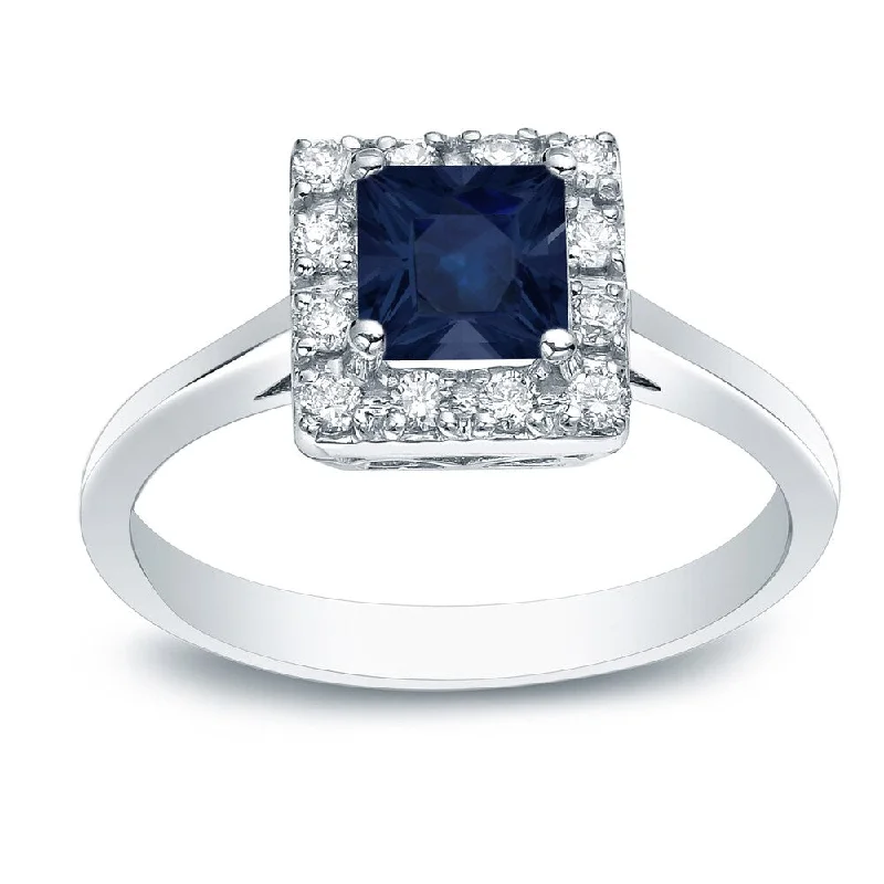 Ladies emerald engagement rings-Auriya 14k Gold 1/3ct Princess-cut Sapphire and Diamond Halo Engagement Ring 1/5ctw