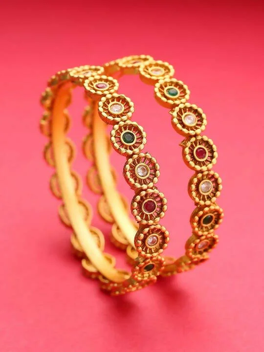 Ladies elegant bracelets-Priyaasi Women Set Of 2 Gold-Plated Multicolored Stones Studded Bangles in Floral Pattern