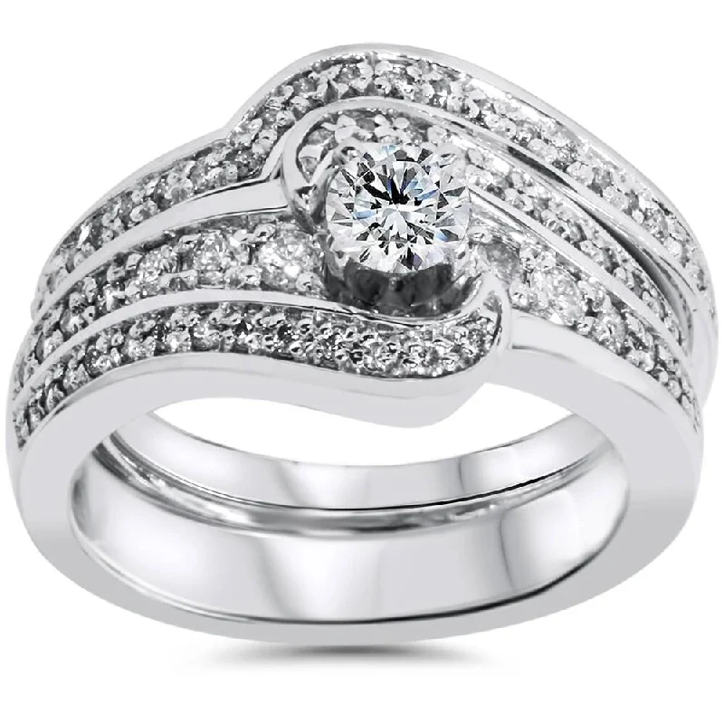 Ladies platinum engagement rings with diamonds-3/4ct Diamond Round Pave Wide Engagement Ring Wedding Set (Not Enhanced)