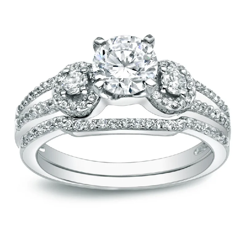 Ladies platinum and diamond engagement rings-Auriya Platinum 1 carat TW Round 3-Stone Diamond Engagement Ring Set