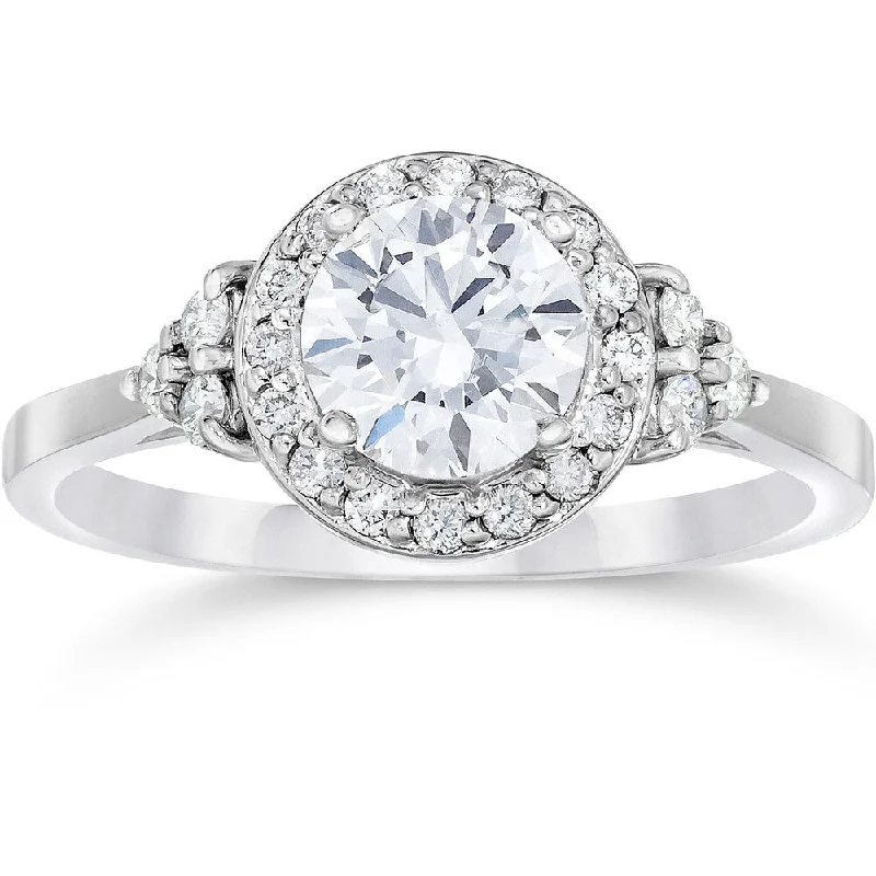 Ladies engagement rings with milgrain details-14k White Gold 1ct TDW Halo Vintage Diamond Engagement Ring